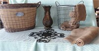 2 metal baskets (1 with wicker top, bottom, and