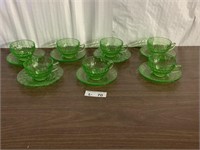 (7) Uranium Green Depression Glasses & Saucers