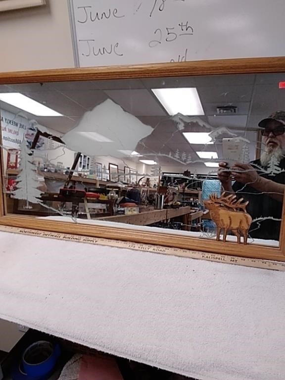 Framed mirror etched Mountain scene with bull elk