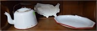 Red and white enamel coffee pot, two serving trays