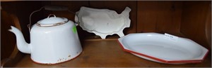 Red and white enamel coffee pot, two serving trays