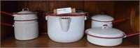 4 pc red and white enamelware including double boi
