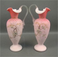 Pair of Pink Victorian Decorated Satin Glass Ewers