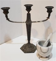 Lot with Marble Mortar & Pestle & Candelabra (12