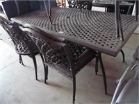 OUTDOOR TABLE, 6 CHAIRS, UMBRELLA STAND