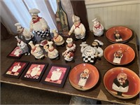 Chef statues, cookie jar, bowls, clock, etc