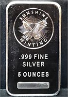 5 Troy Oz .999 Fine Silver Bar Sunshine Minting