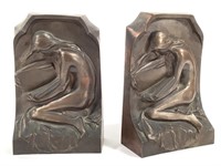 Bronze Art Nouveau Bookends, Female Nudes w Books