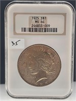 1925 Silver Peace Dollar NGC MS 64