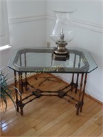 Glass top end stand 22"H x31" x 22" w/lamp 18"H