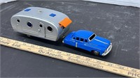 Vintage Tin Toy Car and Camper Trailer. 11" long.