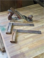 Hand planer and two squares with wooden handles
