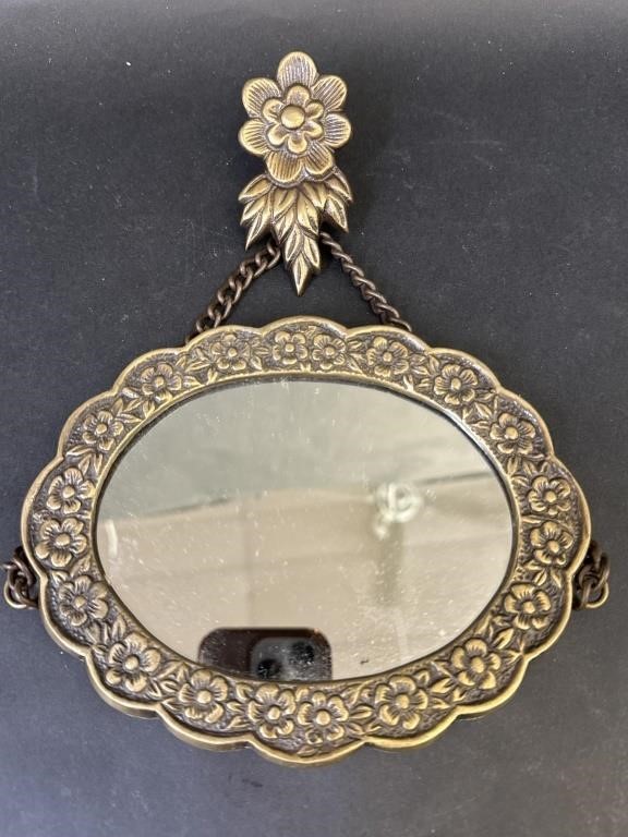 Floral Chain Hanging Brass Toned Mirror
