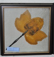 DECORATED WOOD FAN IN FRAME APPEARS TO BE