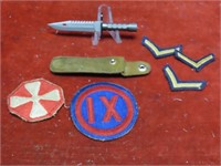 M9 Bayonet miniature knife, military patches.