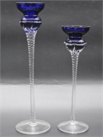 2-Blown Cobalt Art Glass Long-Stemmed Candlesticks