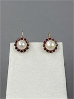 14K Ruby Cultured Pearl Leverback Earrings