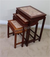 Set of Three Carved Nesting Tables w Marble Insert