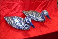 PAIR OF IRON STONE BLUE W/ WHITE FLOWER DUCKS