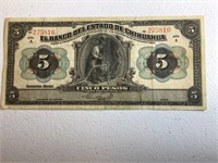 5 pesos note from Bank of Chihuahua, 1913 date