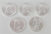 5 2021 One Ounce Fine Silver Kruggerrands.