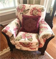 FLORAL UPHOLSTERED ARM CHAIR CARVED FRONT