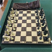 Roman Motif Cast Iron Chess Set Carved Wood Board