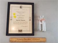1930 Milk Inspector Certificate & Milk Bottle