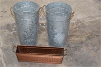 Two Tall Galvanized Metal Decor Buckets, Planter