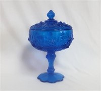 Vintage Fenton Blue Art Glass Covered Compote