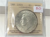 1939 (iccs Ms64) Canadian Silver Dollar