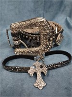 Nacona Genuine Leather Rhinestoned Belt & Choker