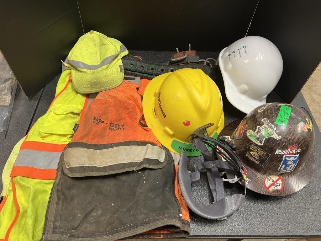 Safety helmets, vests, belt.