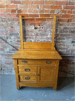 Antique Solid Oak Washstand W/ Towel Rack