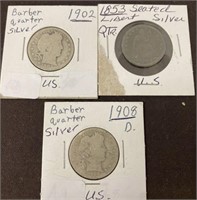 2 BARBER SILVER QUARTERS, 1 1853 SEATED LIBERTY