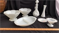 white glassware serving dishes, vase