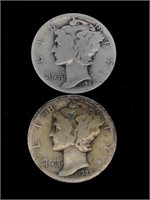 Pair of Vintage 10C Mercury Silver Dime Coins