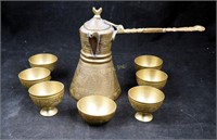 8 Piece Vintage India Brass Tea Pot & Cups Set