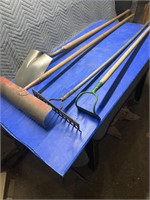 Garden rakes, hoe, long handled spade