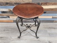 ROUND WOOD TOP WROUGHT IRON END TABLE