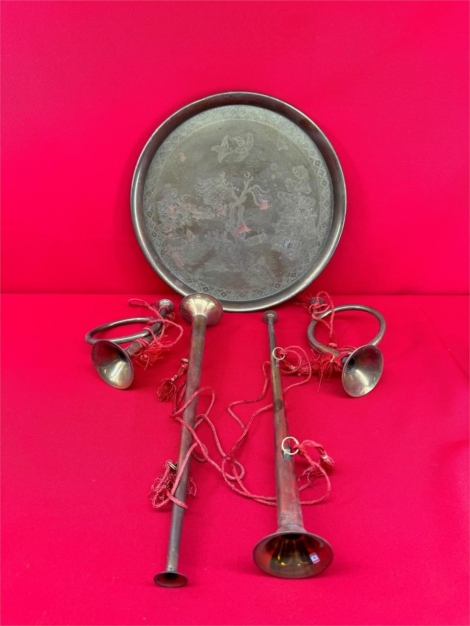 Antique Chinese Pewter Plate & Vintage Brass Horns