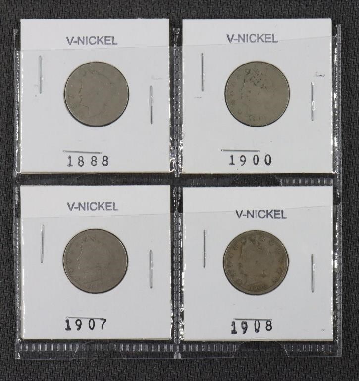 4 V-Nickels: 1888, 1900, 1907, 1908