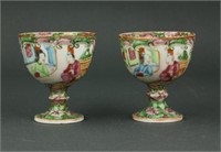 Pair Chinese Canton Enamelled Porcelain Stem Cups