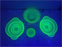 4Pc Vaseline Depression Glass Glowing Green