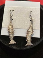 Sterling silver Dangle Pierced Earrings. Fish