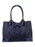 Tory Burch Blue Patent Leather Trim Top Handle Bag