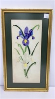Crewel work Irises, 12x22, matted in gold wood