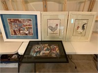 4 Framed Art Country Kitchen Chickens & Owls