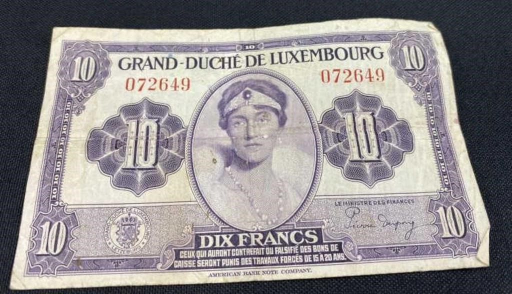 1944 Luxemburg WWII 10 Francs