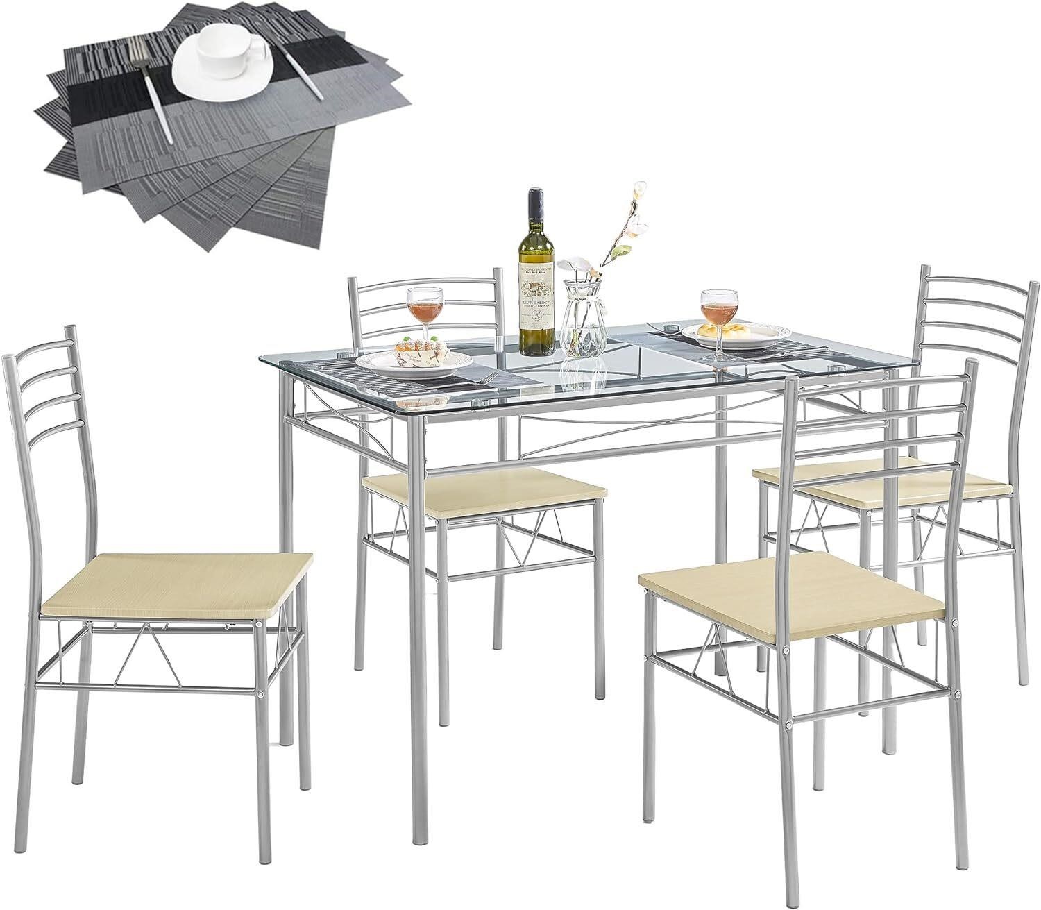 VECELO Dining Table with 4 Chairs - Silver